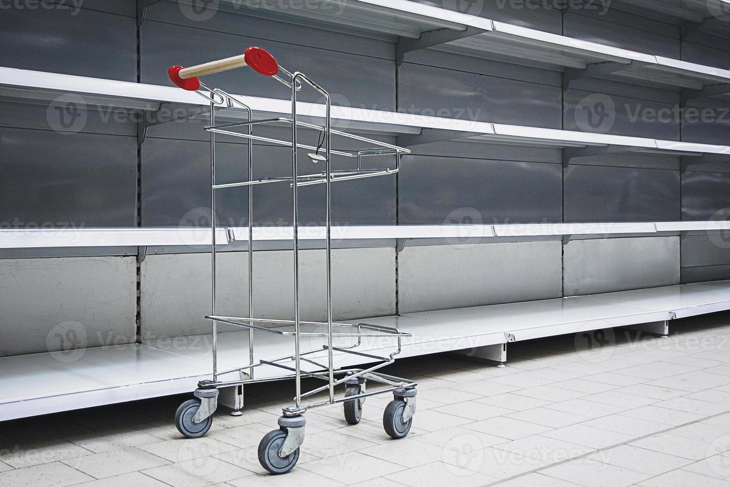 Empty shelves and shopping cart in supermarket, all sold out due to panic photo