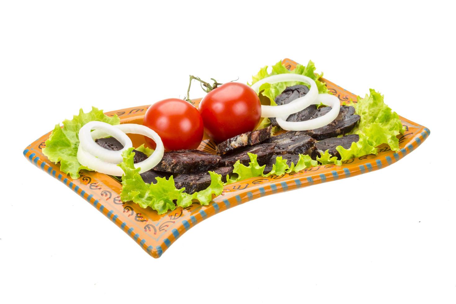Horsemeat sausage on the plate and white background photo