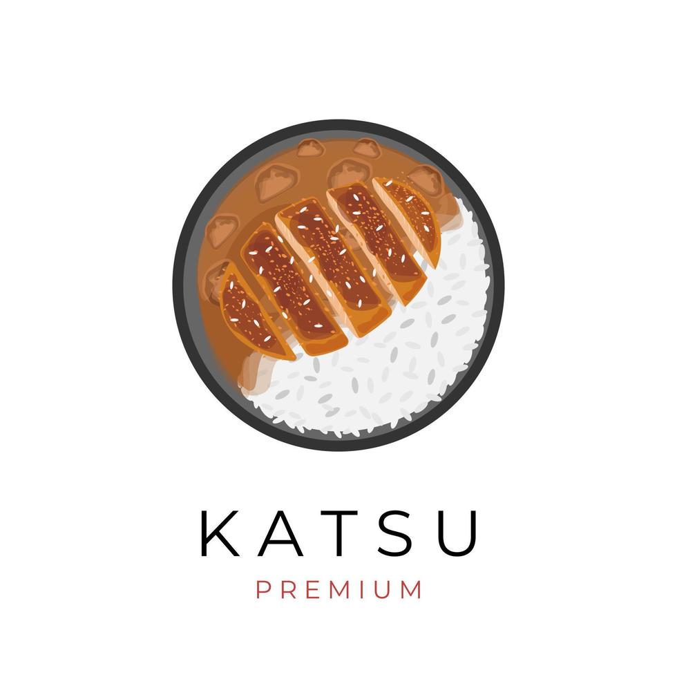 Curry Katsu with Rice in a Black Plate Vector Illustration Logo