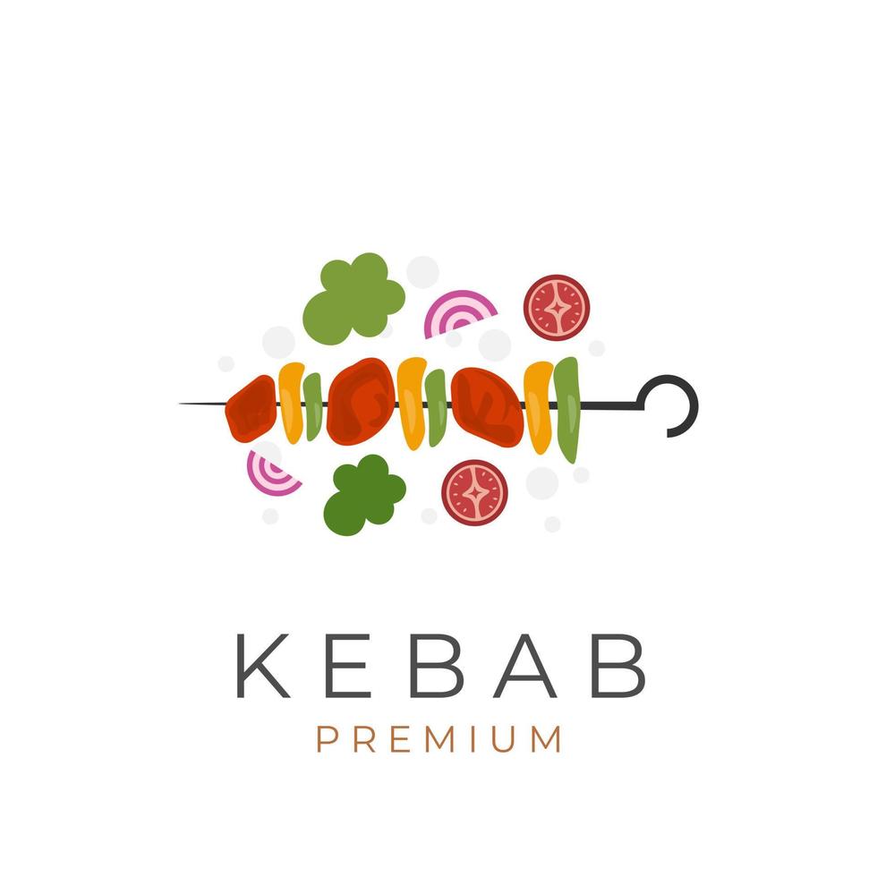 Shashlik shish kebab vector illustration logo with meat and fresh mixed vegetables