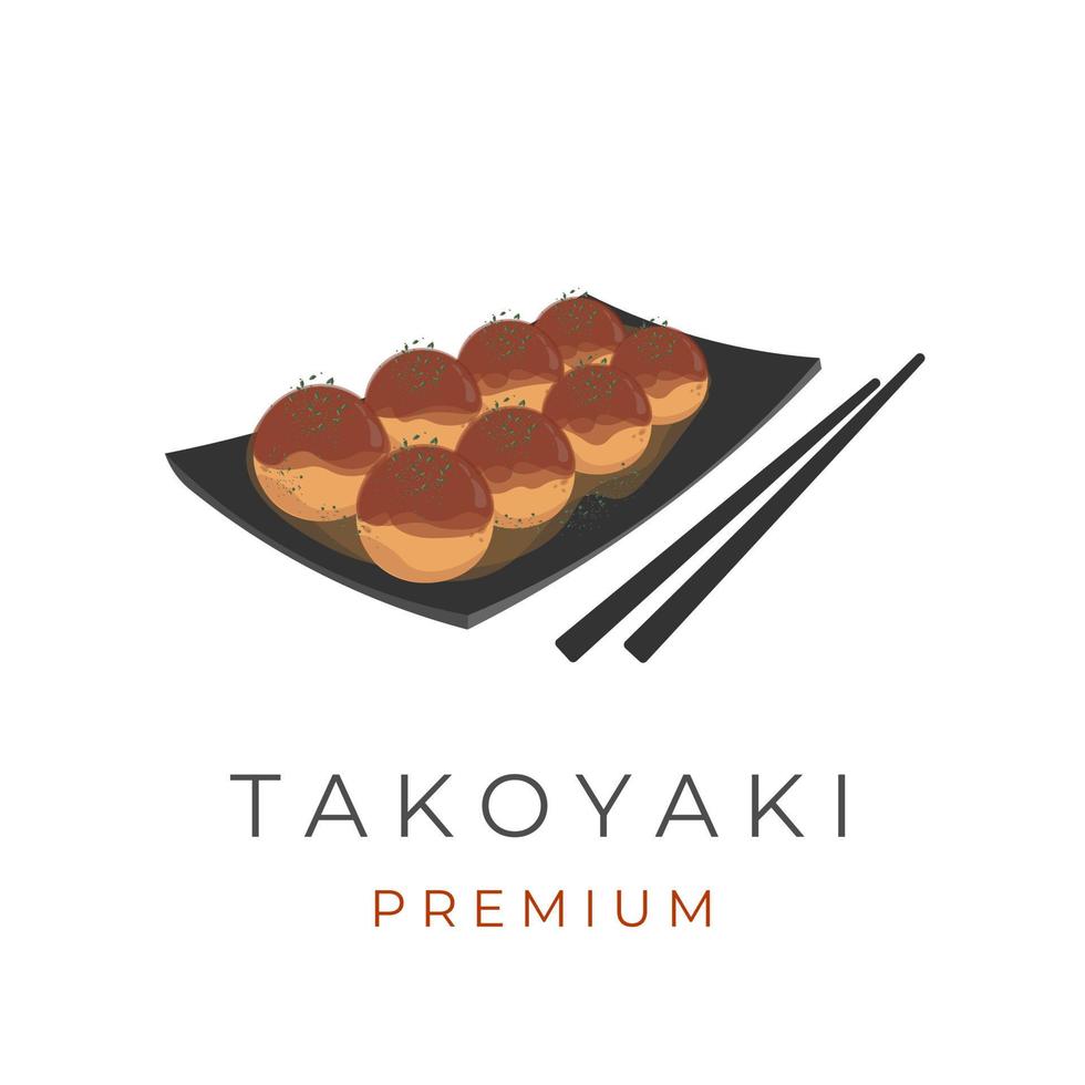 logotipo de ilustración vectorial takoyaki servido con palillos japoneses y plato vector