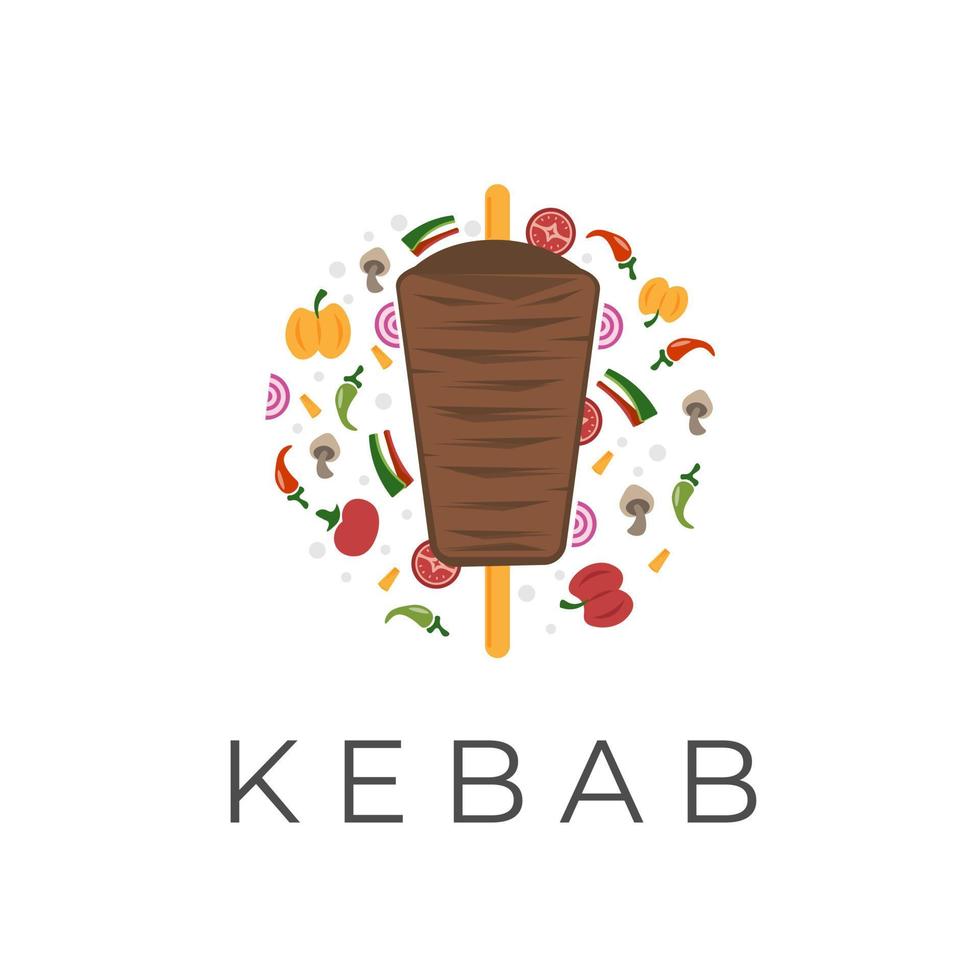 logotipo de ilustración de vector de carne de kebab a la parrilla con verduras frescas