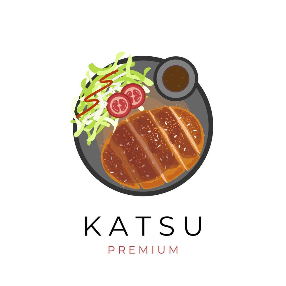 katsu original con ensalada y salsa en un plato negro logotipo de ilustración de vector de comida japonesa