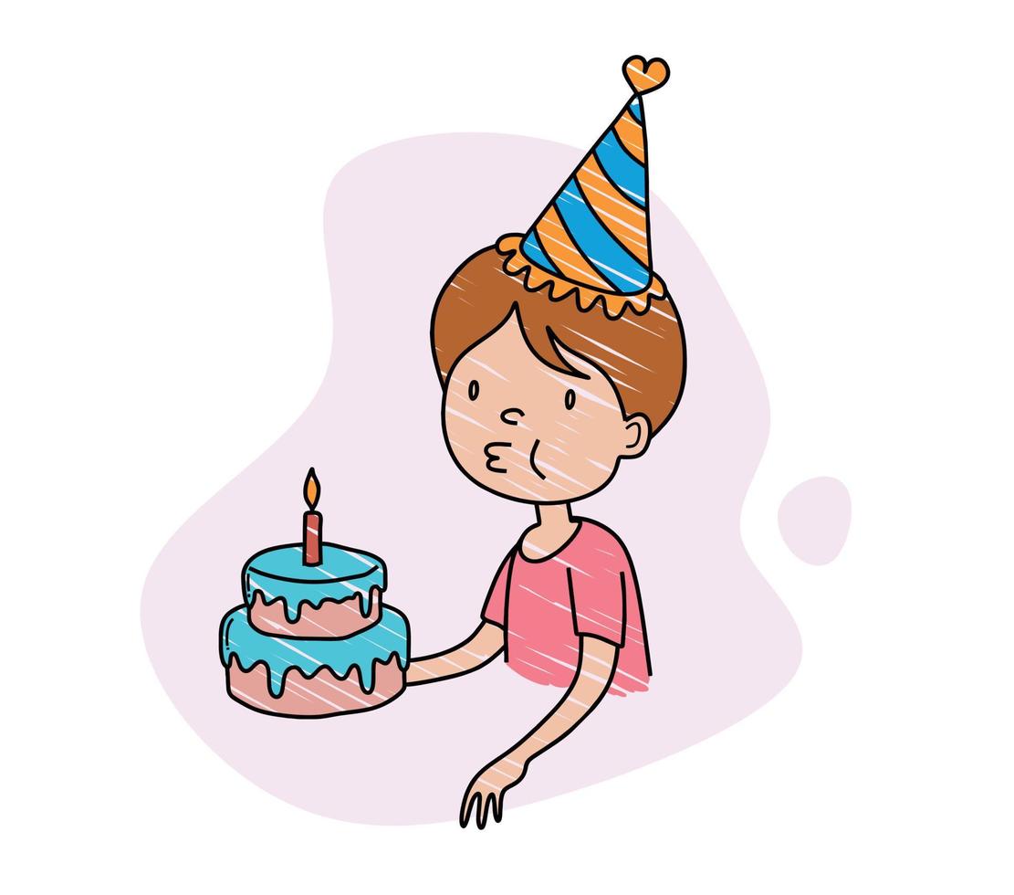 dibujo a mano a color de una niña que sopla velas de cumpleaños. vector