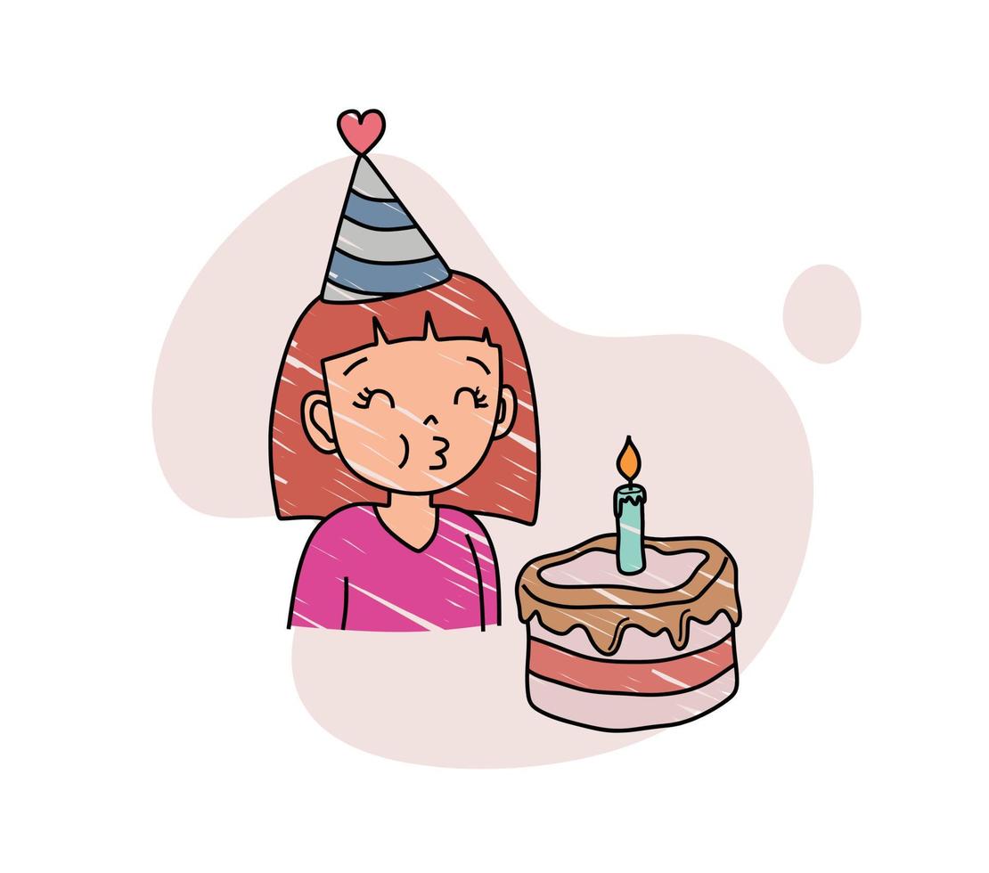 color hand drawing set of little girl blowing out birthday candles. vector