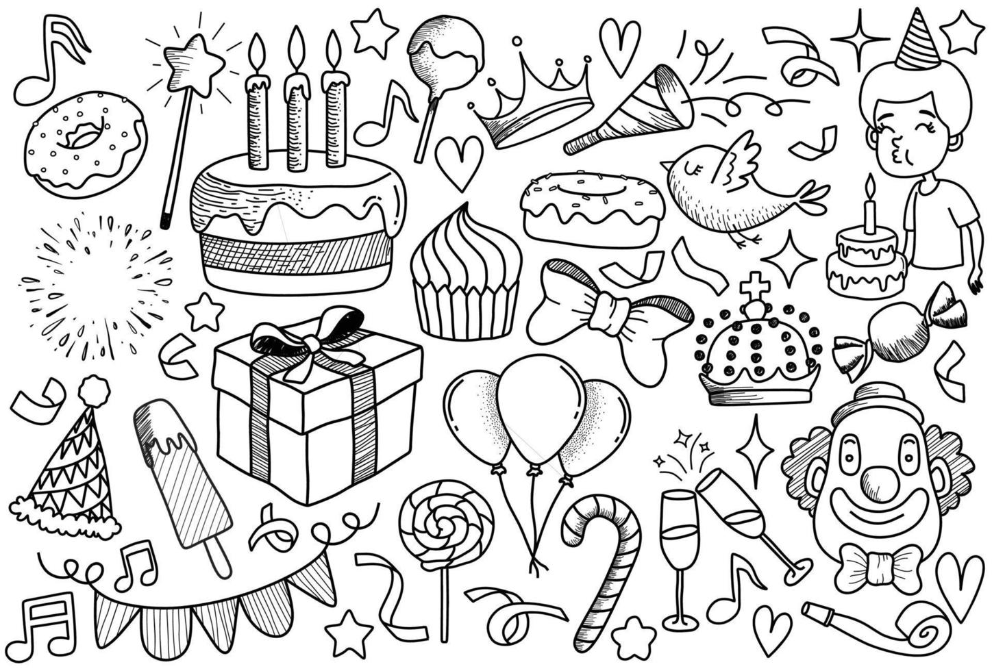 conjunto de objetos y símbolos de dibujos animados de garabatos en la fiesta de cumpleaños. vector