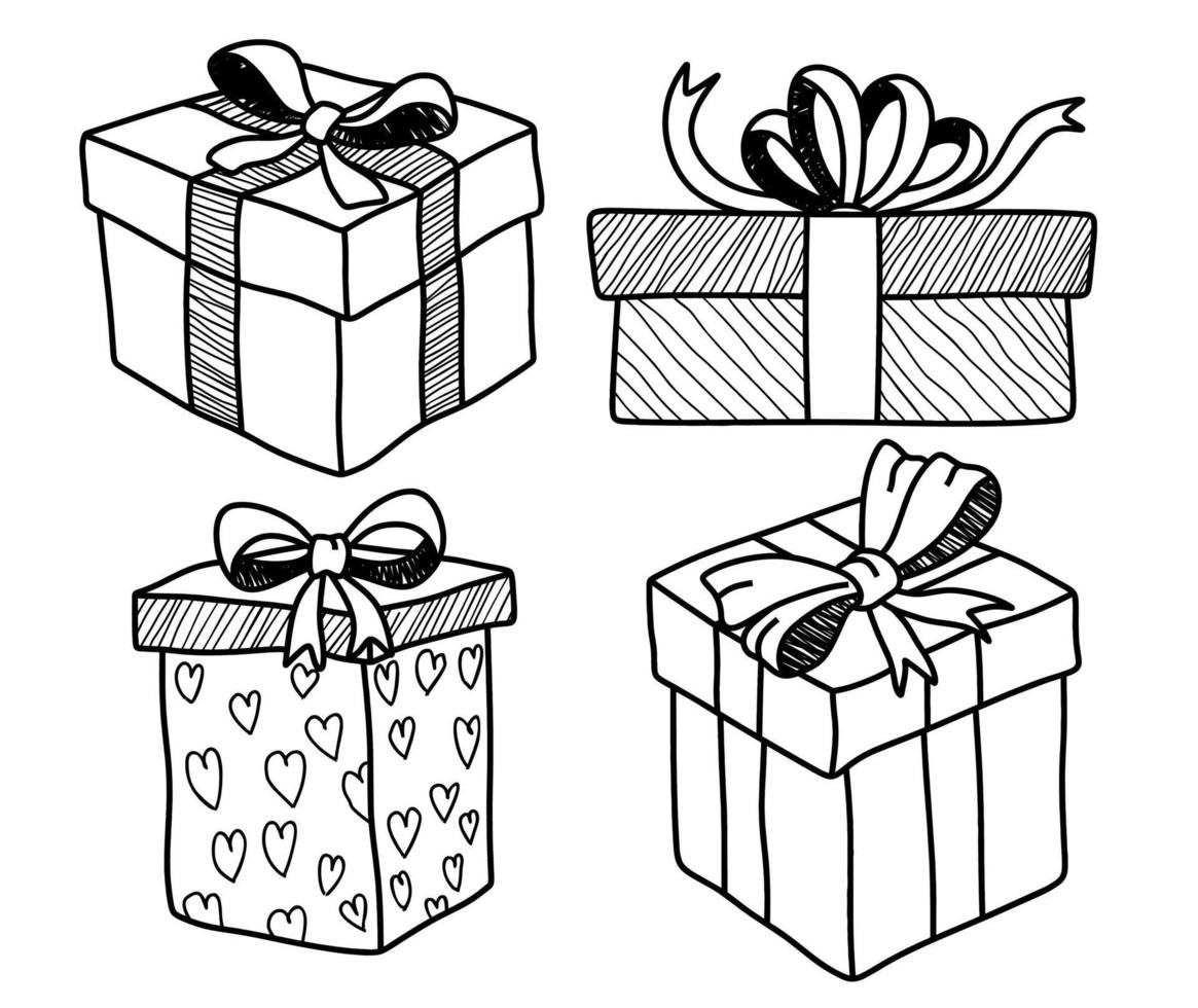 cajas de regalo, presenta un conjunto de iconos vectoriales. colección de garabatos dibujados a mano aislada en blanco. vector