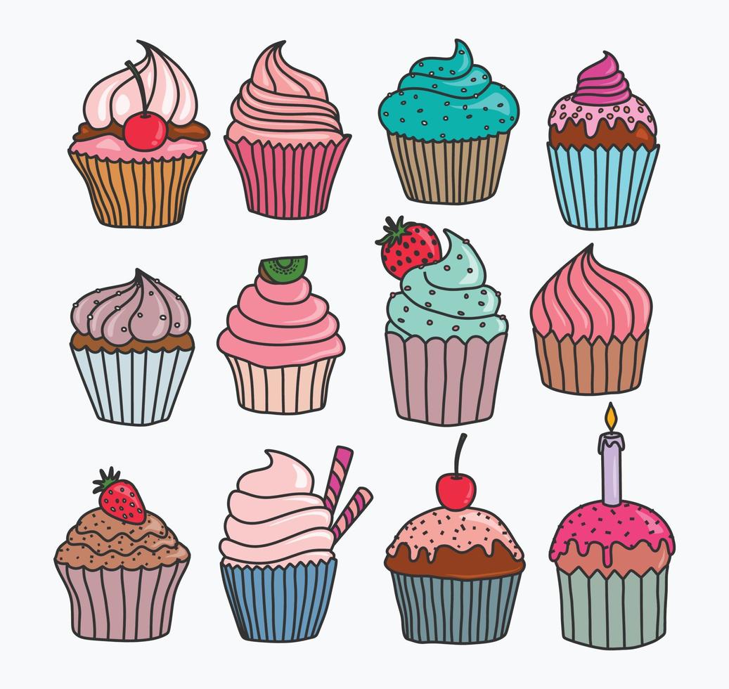 conjunto de cupcakes dibujados a mano. vector