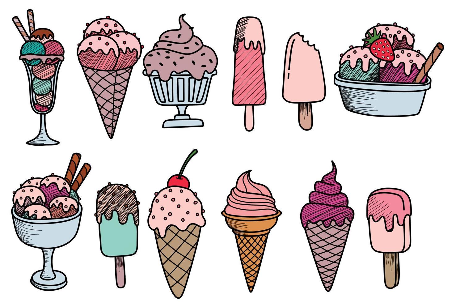 colorida colección de helados. estilo de dibujo de fideos. vector