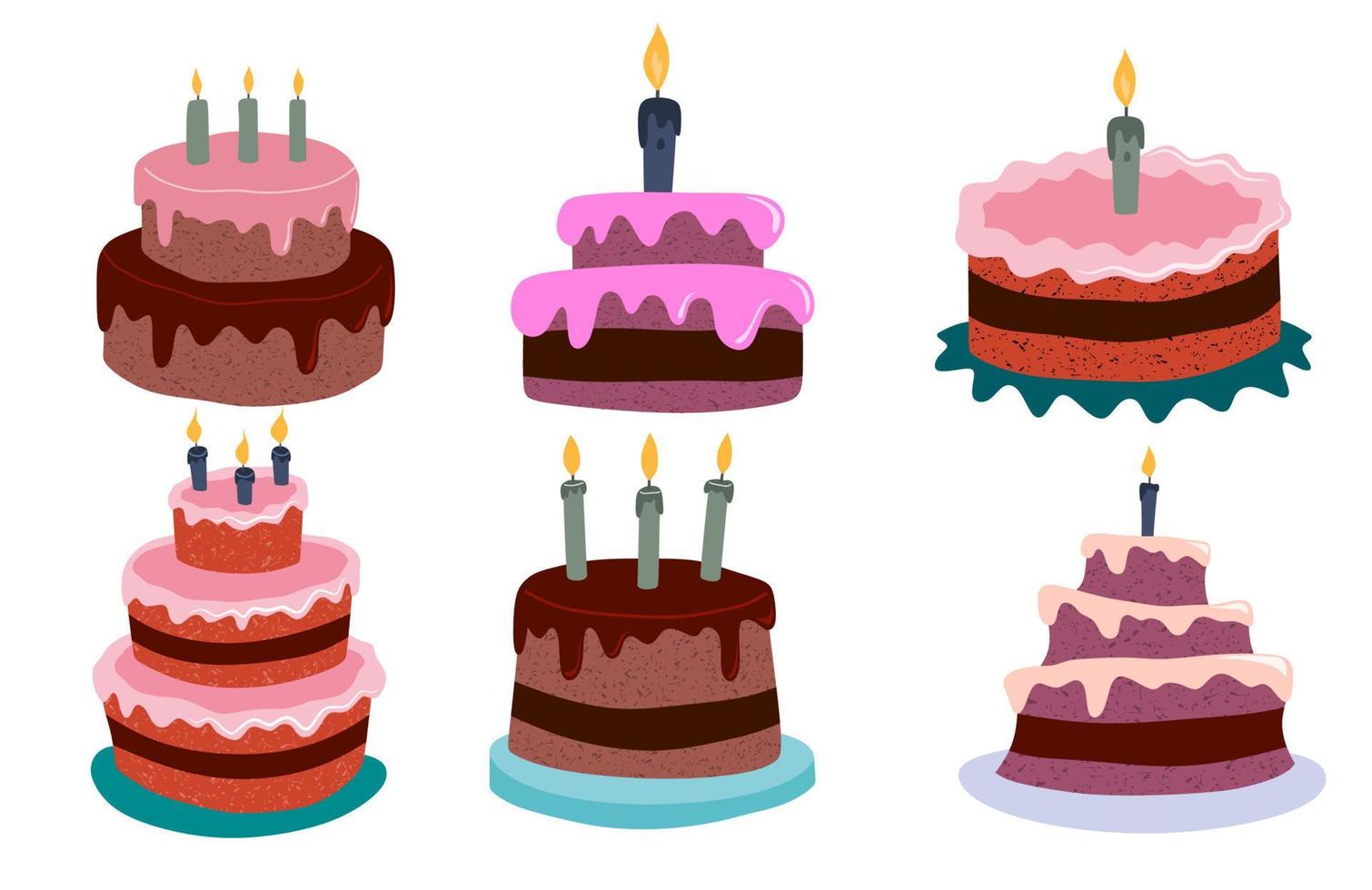 Birthday cakes big set. Vector illustration.