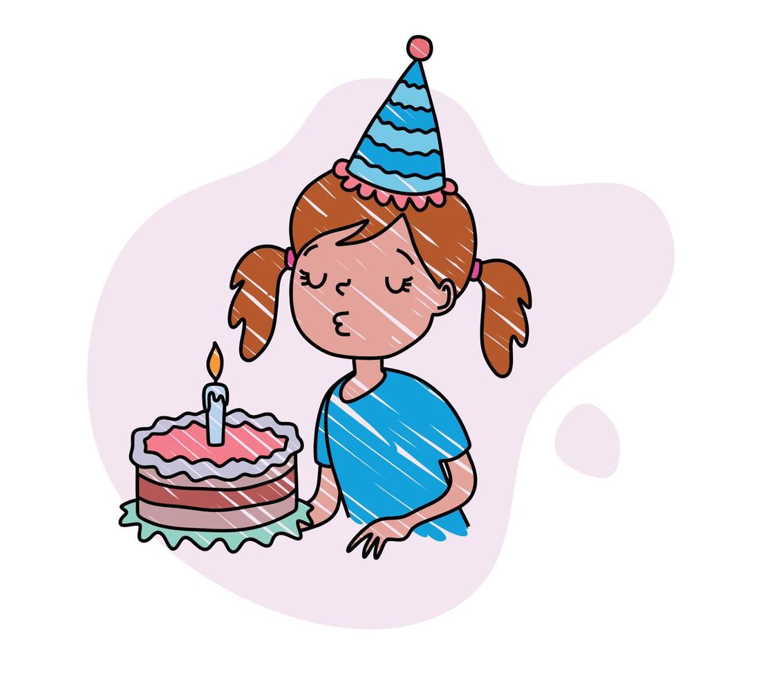 color hand drawing set of little girl blowing out birthday candles
