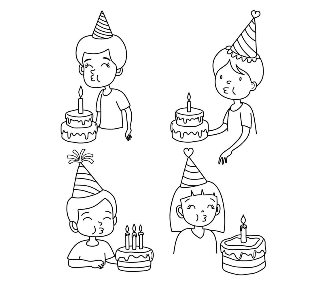 dibujo a mano a color de un niño soplando velas de cumpleaños. vector