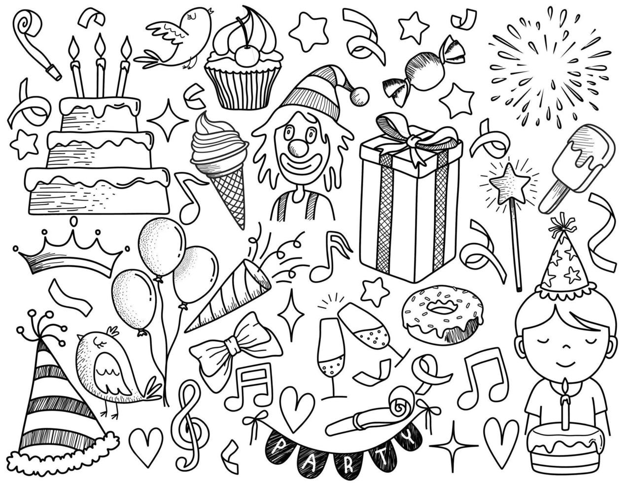 set of doodle cartoon objects and symbols on the birthday party. vector