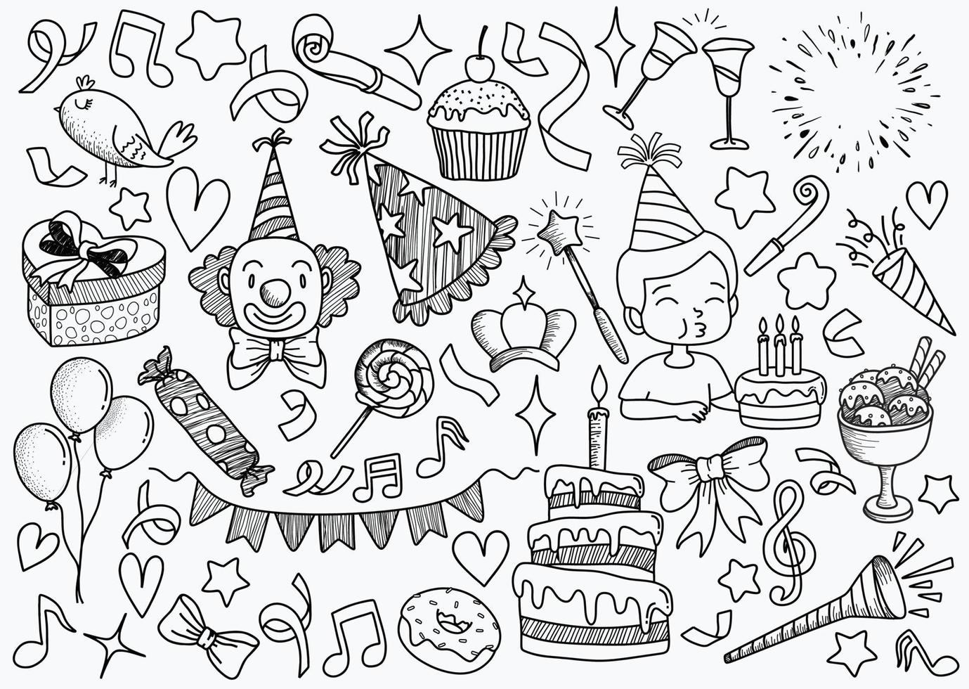 set of doodle cartoon objects and symbols on the birthday party. vector