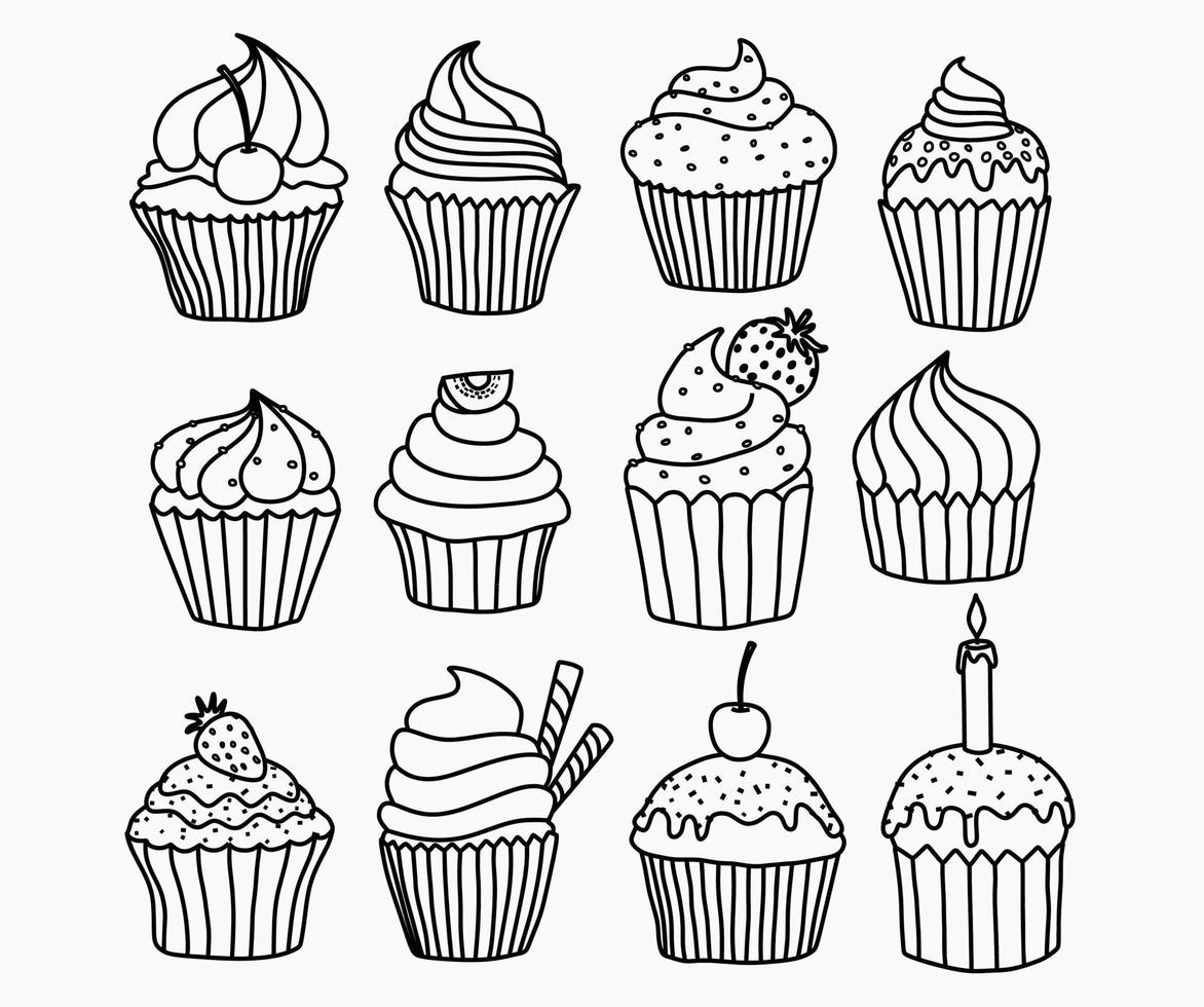 Set of hand drawn cupcakes. vector