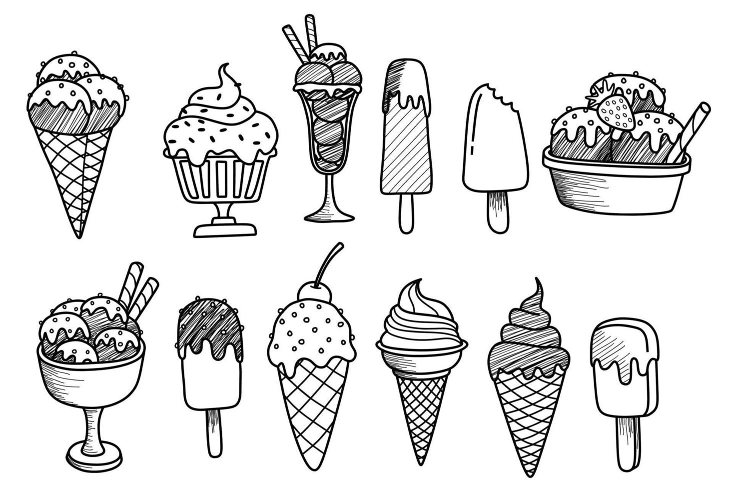 set of doodle with different ice cream vector