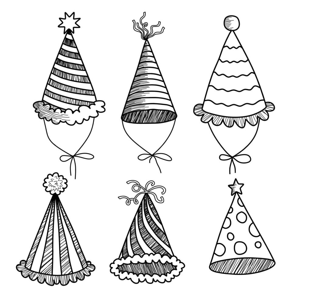 set of festive funny party hats hand drawn scandinavian style vector