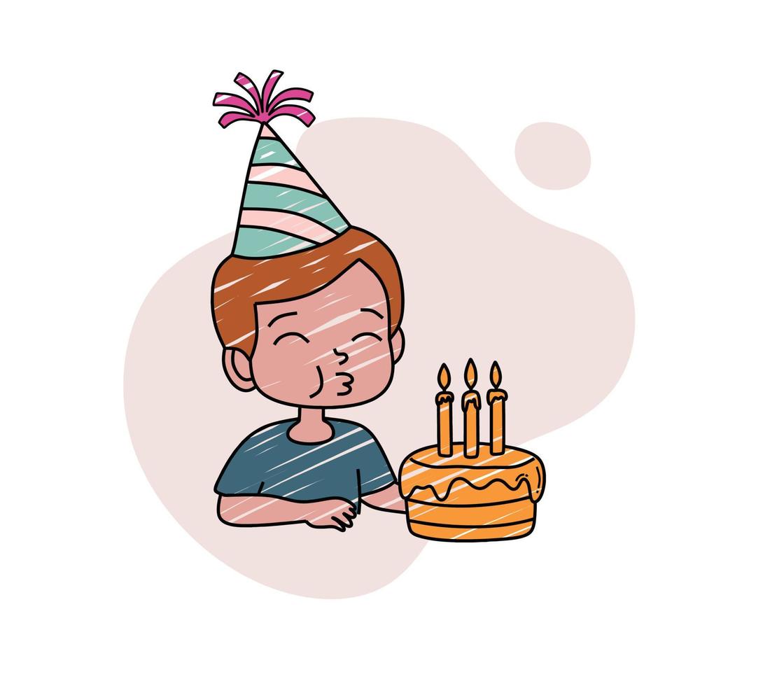 dibujo a mano a color de una niña que sopla velas de cumpleaños. vector