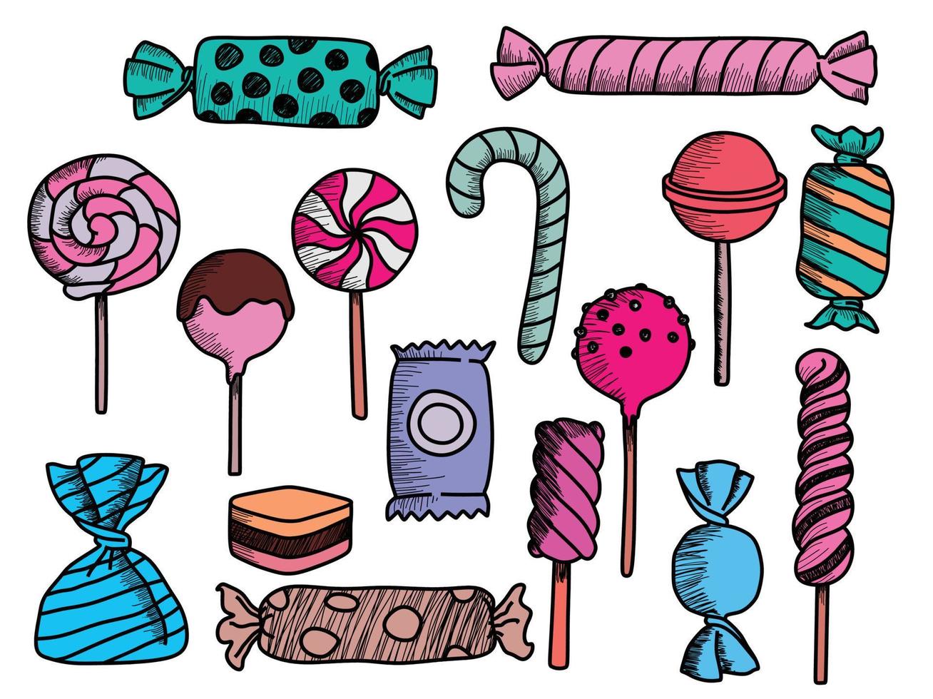 colorful candy collection. Doodle sketch style. vector