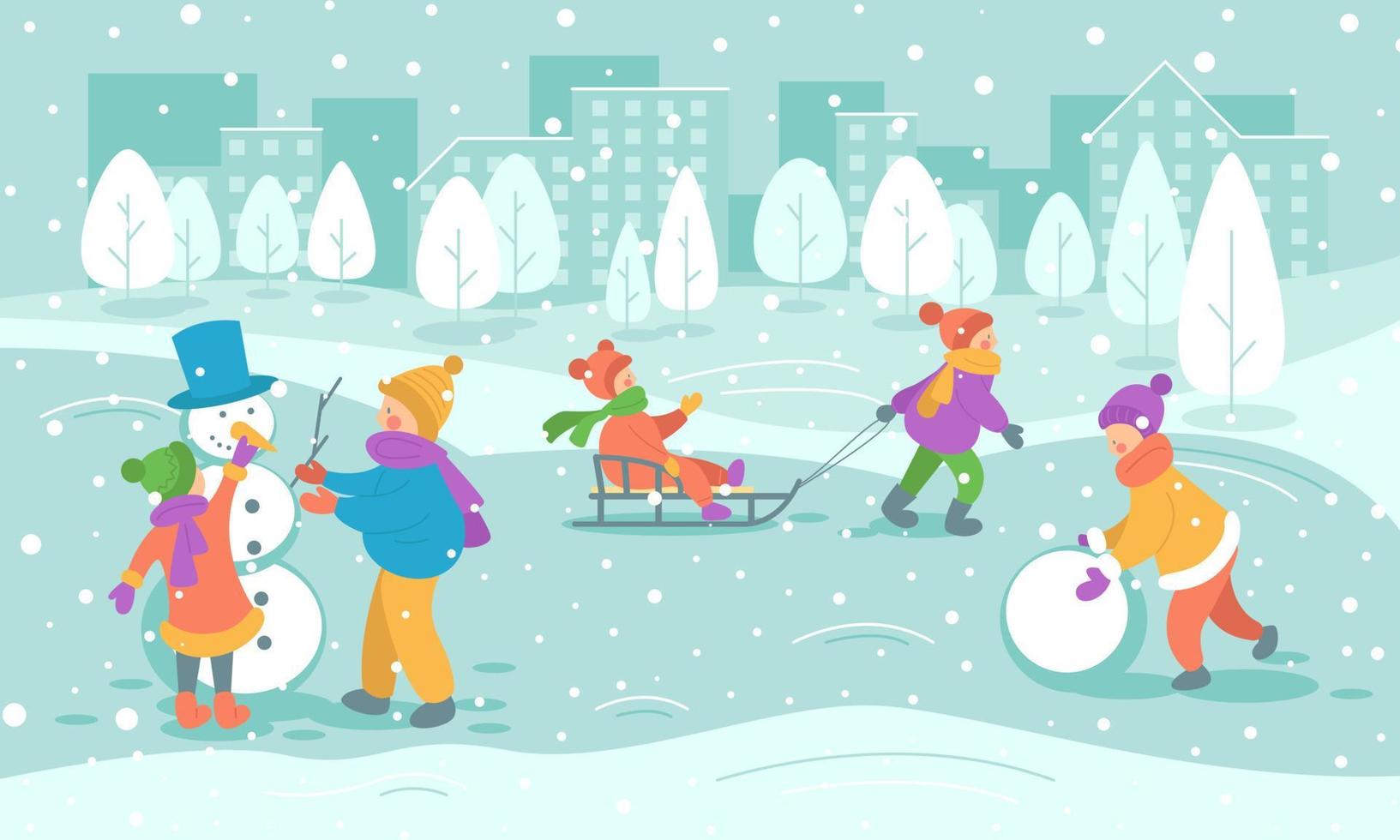 Winter fun. Children play for a walk in the city winter park. Vector stock illustration in flat style.