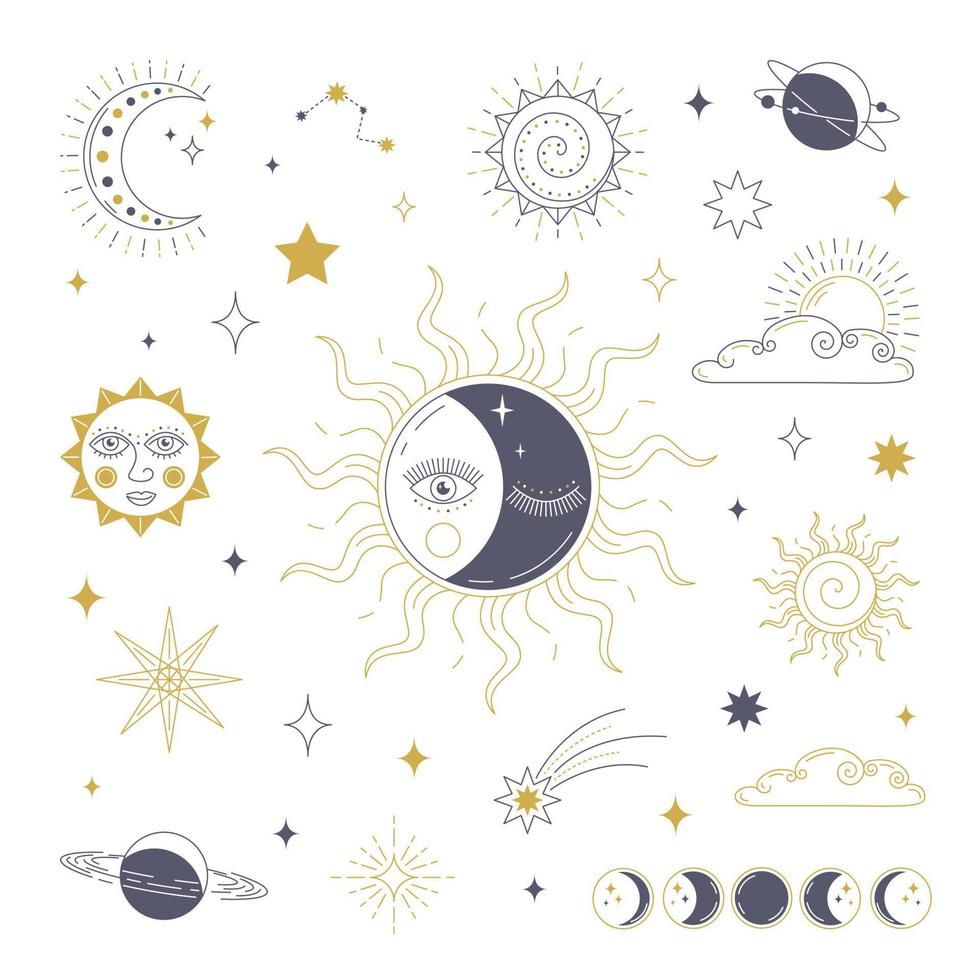 Set of cosmic magic linear elements isolated on white background. Sun, moon, stars and planets. Vector stock illustration.