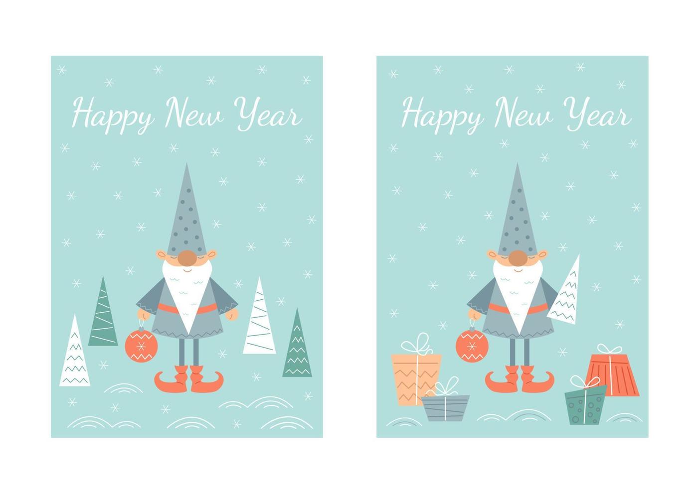 año nuevo y gnomo de navidad, árbol y regalo, juego de tarjetas de felicitación. ilustración de stock vectorial. vector