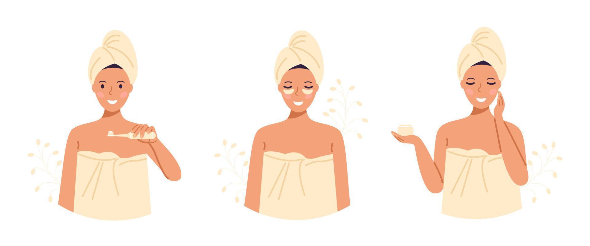 A set of a woman in a towel and a turban after taking a bath takes care of herself, brushes her teeth, applies cream and patches. Stock vector illustration.