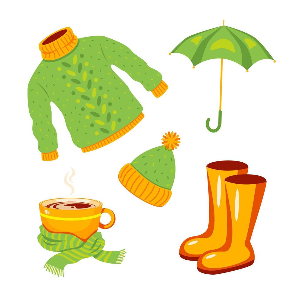 Autumn clothing items set isolated on white background. Sweater, umbrella, rubber boots and a cup of hot drink in a scarf. Stock vector illustration.