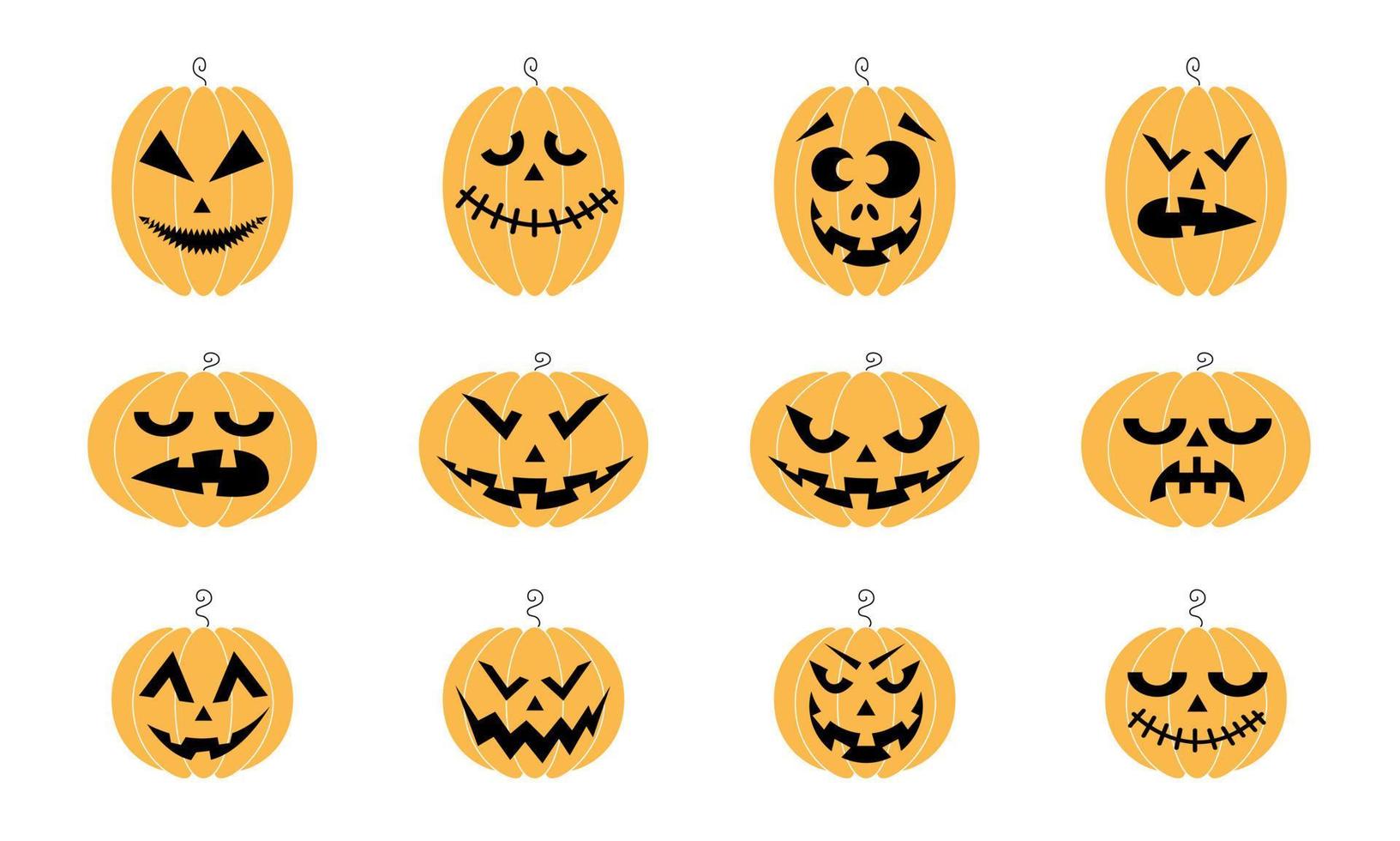 Set of pumpkins for Halloween, jack lamps isolated on white background. Stock vector illustration.