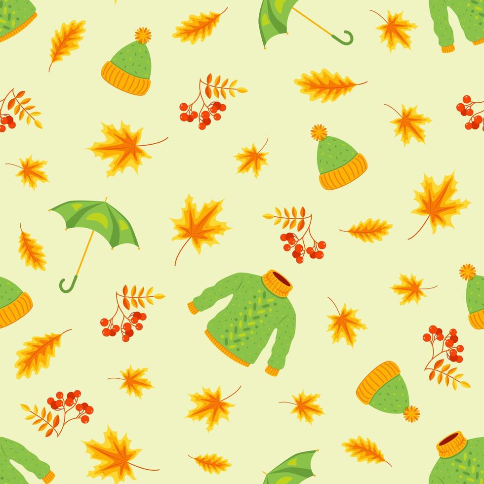 Autumn yellow leaves and warm clothes seamless pattern. Design of fabric, textile, paper. Stock vector illustration.