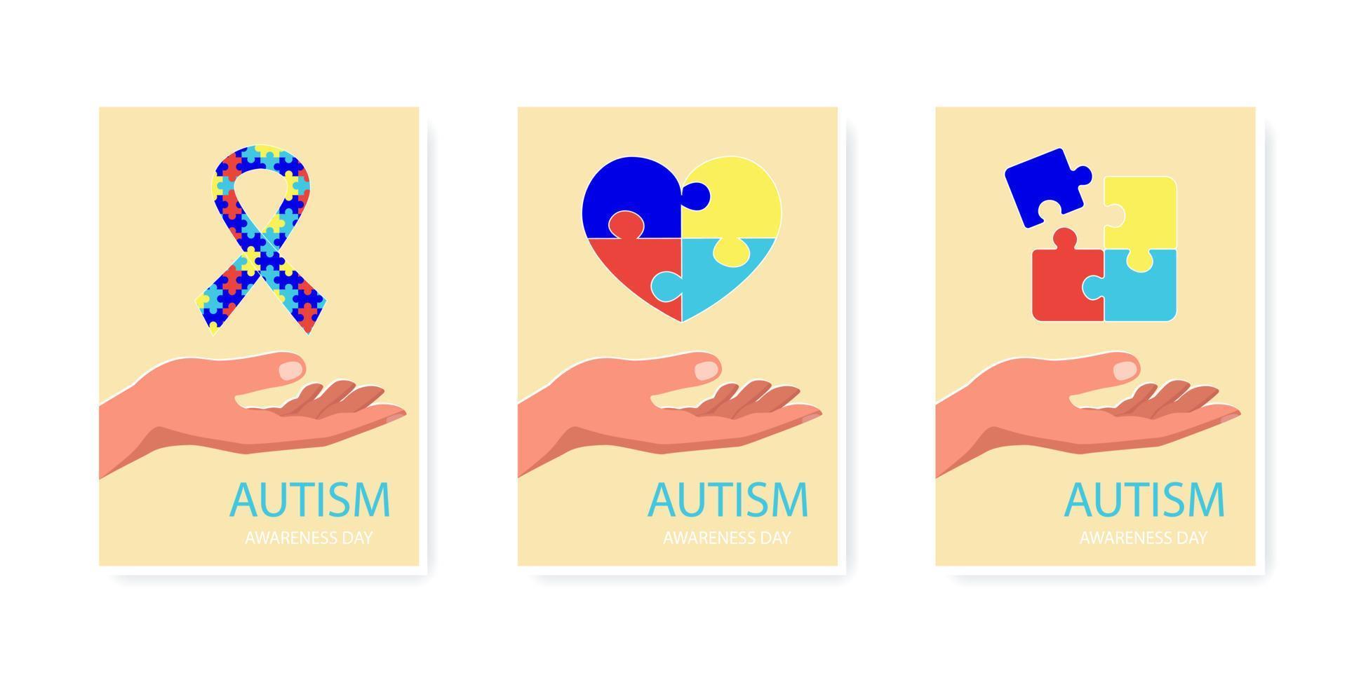 World Autism Awareness Day set of flyers with inscription. Human hand, puzzle piece, heart and ribbon. Vector stock illustration.