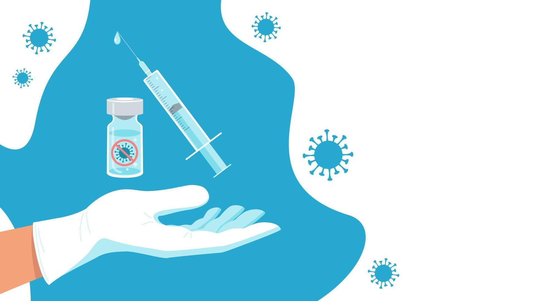 jeringa de vacuna ampolla y mano del médico. concepto de vacunación contra el coronavirus. diseño de banner con espacio de copia. ilustración vectorial de acciones. vector