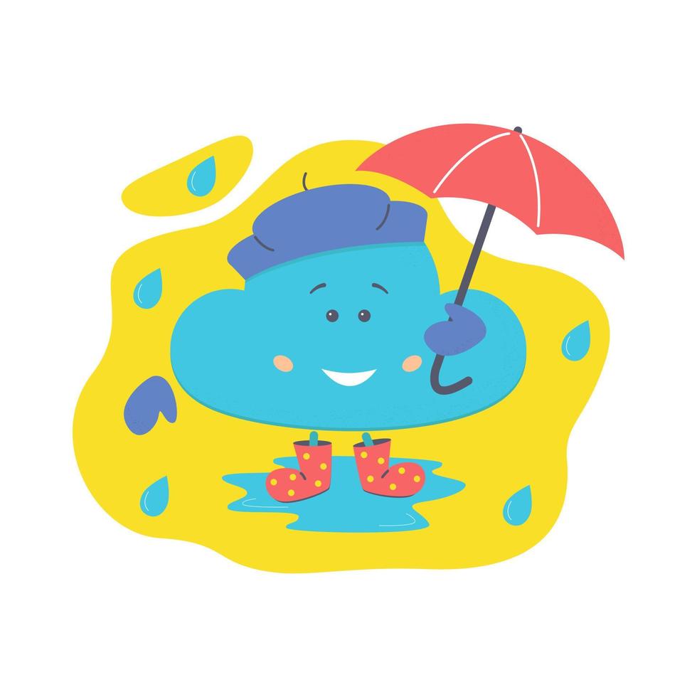 Cloud character with umbrella in rainy autumn weather. Element for the design of children's goods, books. Vector stock illustration.