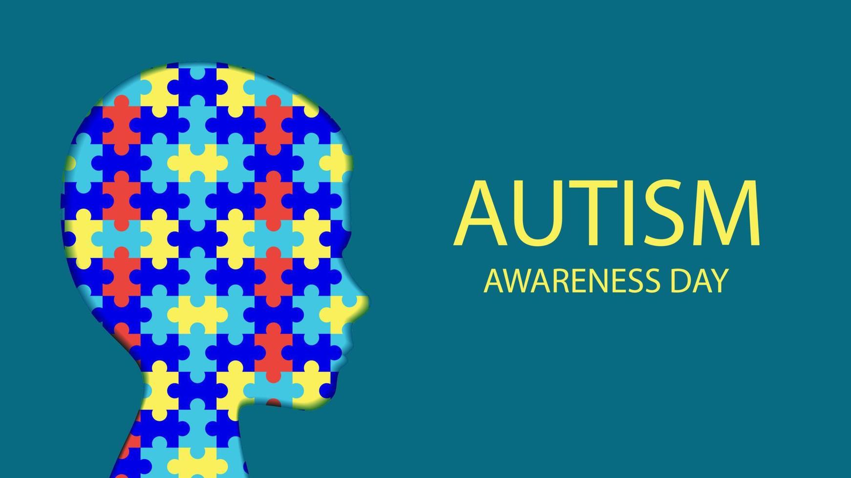 Silhouette of a child's head from jigsaw puzzles, autism awareness day. Banner with the inscription. Vector stock illustration.