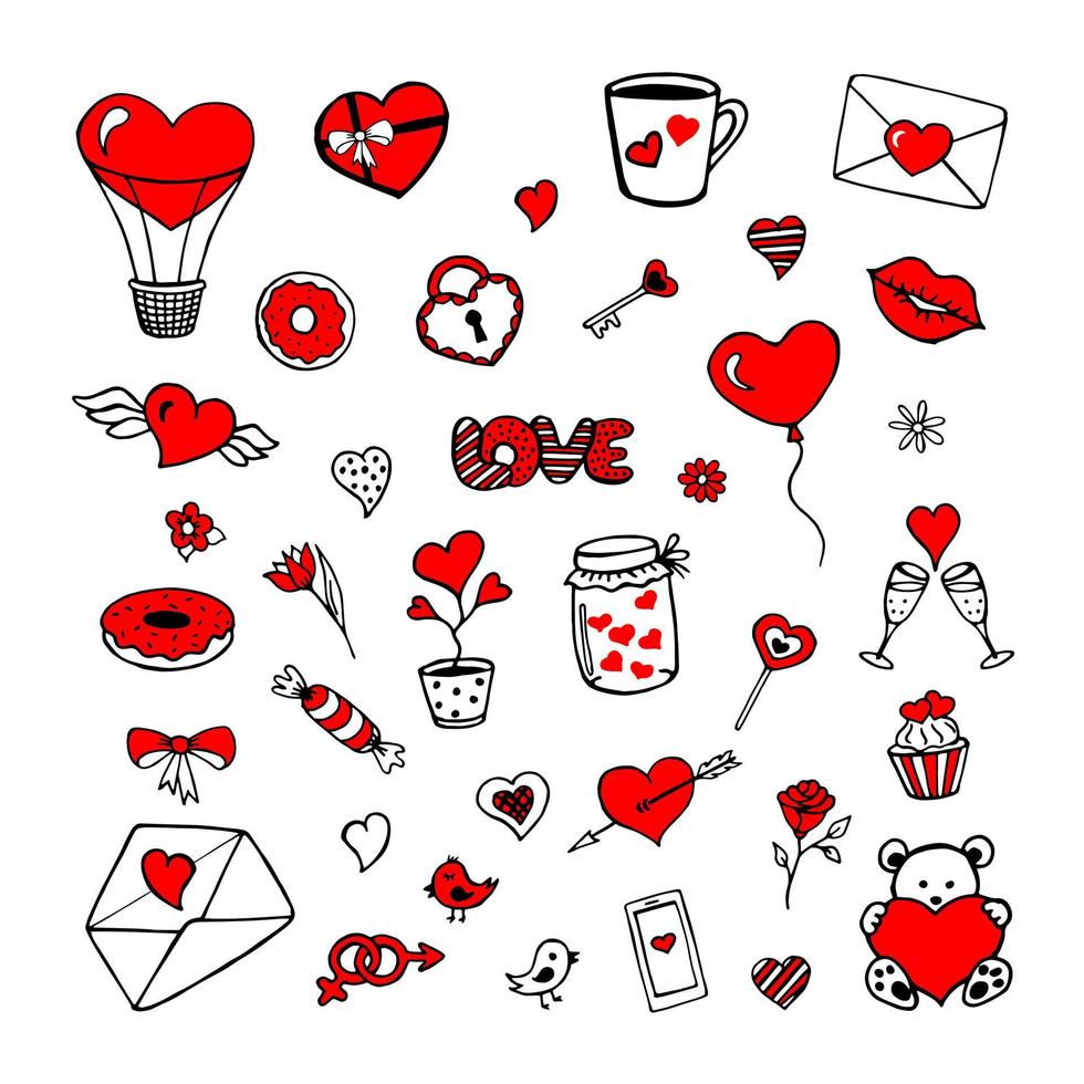 Set of Valentine's day elements hand drawing sketch isolated on white background. Stock vector illustration.