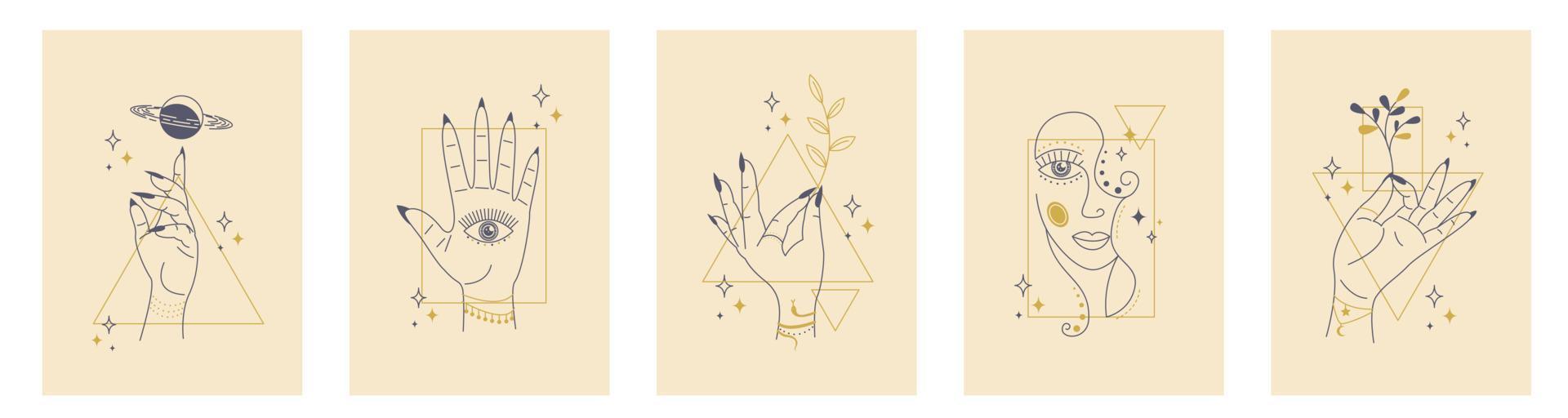 Witchcraft posters set. Mystical magical elements, female hands. Vector stock illustration in a linear style.