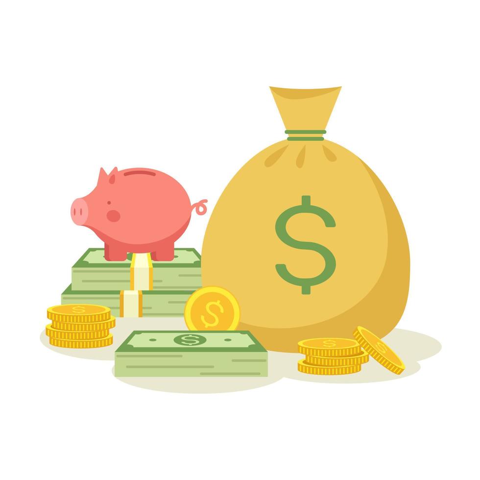Money coin and bundles of banknotes, bag and piggy bank.Financial savings.Stock vector illustration in flat style.