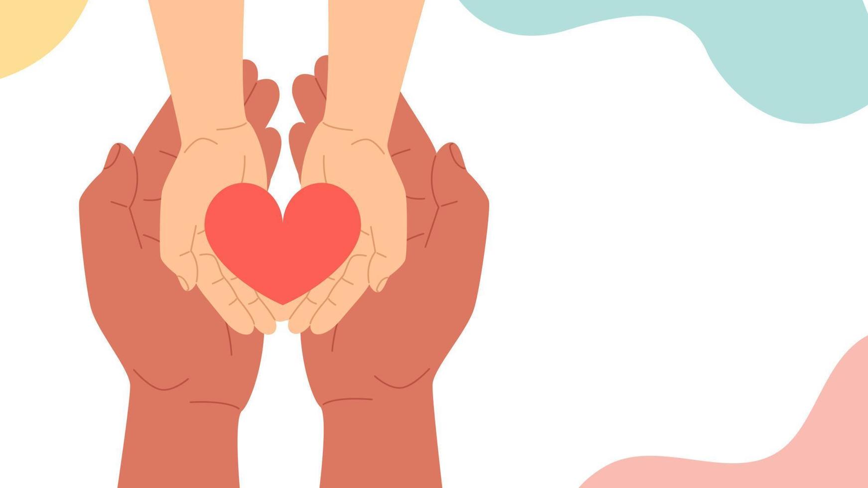 las manos de un adulto y un niño sostienen un corazón. el concepto de esperanza y amor, voluntariado. ilustración de stock vectorial en estilo plano. vector