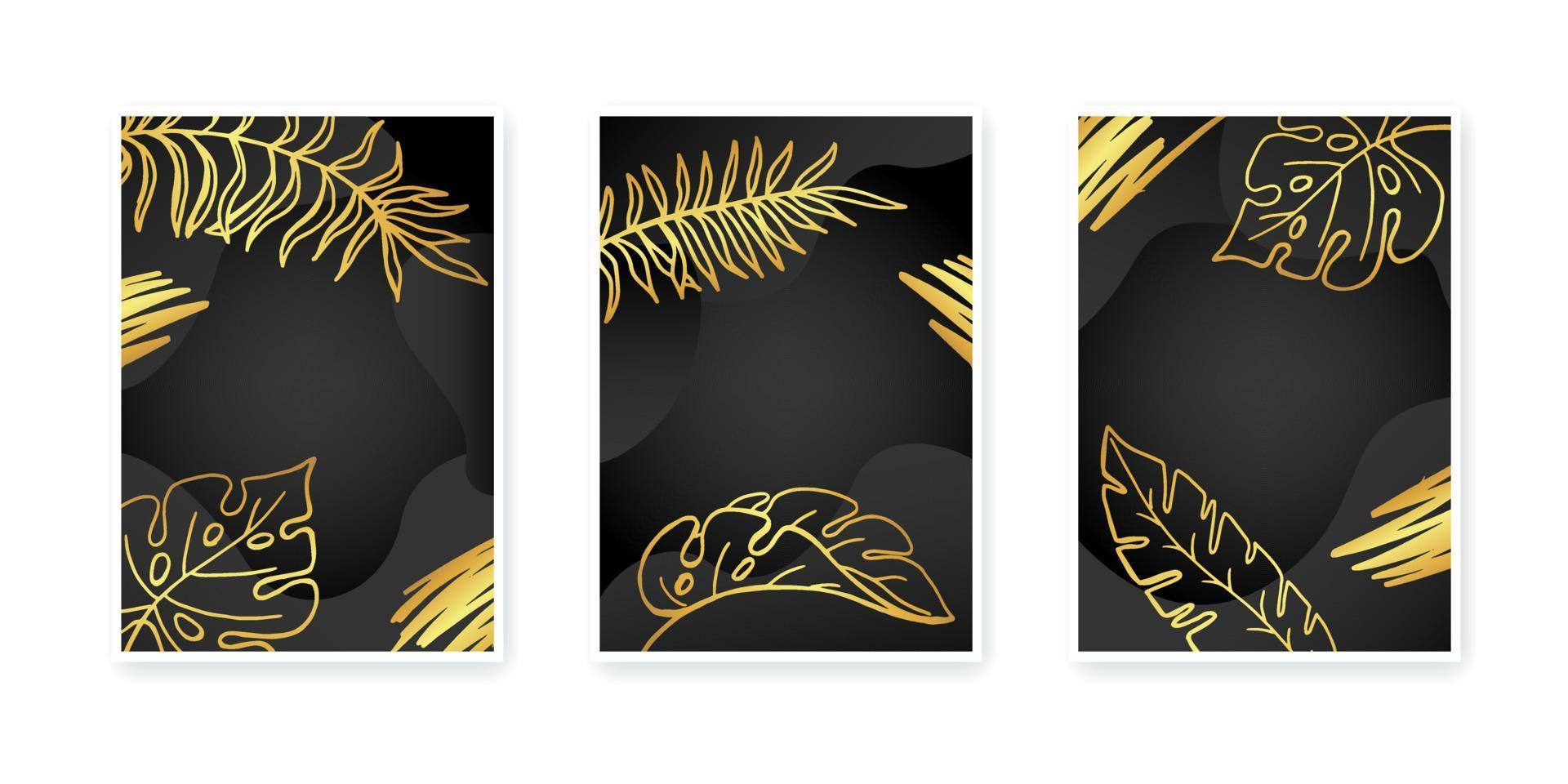 Tropical golden leaves hand drawing on black background set of abstract templates with copy space. Design for postcard, invitation, poster. Vector stock illustration.