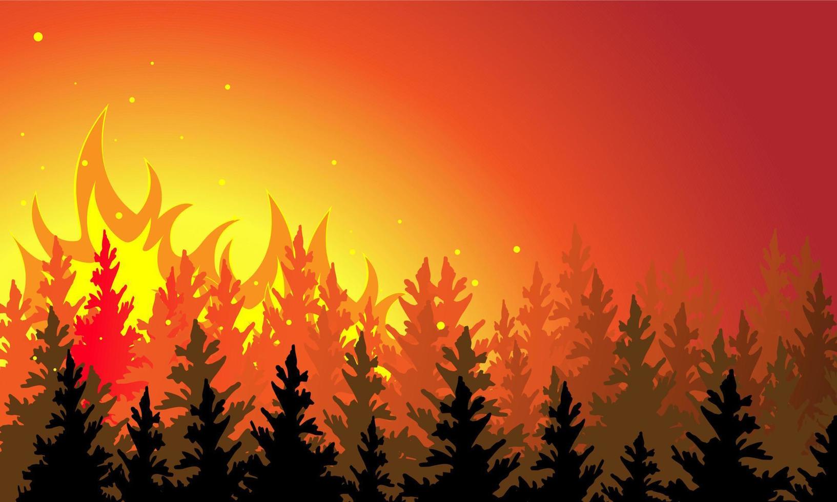 Silhouette forest hand drawing on fire, conflagration. Vector stock illustration with copy space.