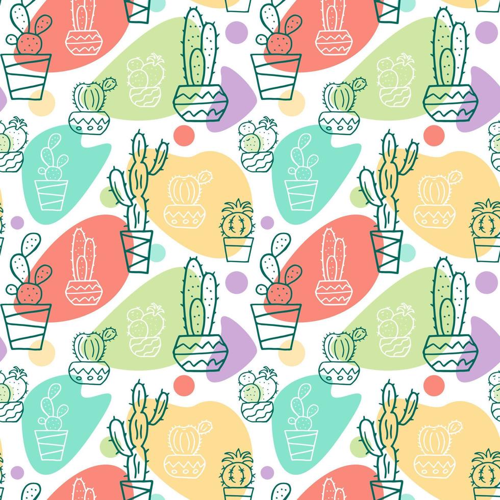 Cacti in flower pots hand drawing sketch seamless pattern. Stock vector illustration.