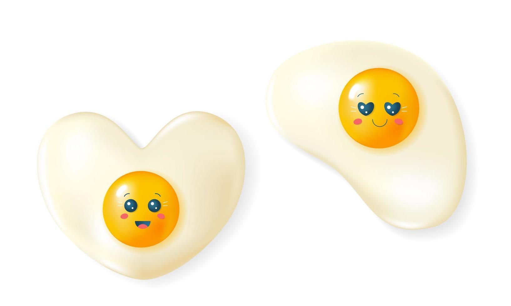 Cute scrambled eggs with facial emotions in 3d style. Vector stock illustration.