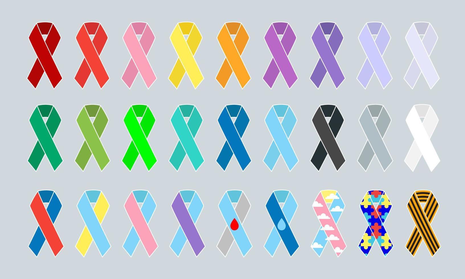 Set of multicolored ribbons awareness sticker. Vector stock illustration.