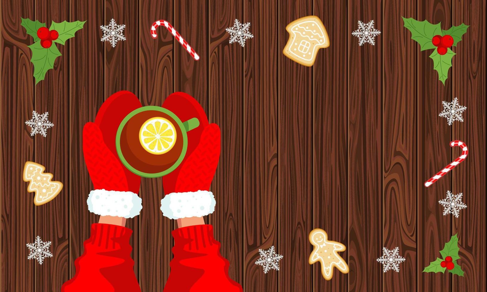 Tea with lemon and hands in red mittens on a wooden background top view, lollipops and gingerbread.Concept of winter new year and christmas coziness.Vector stock illustration. vector