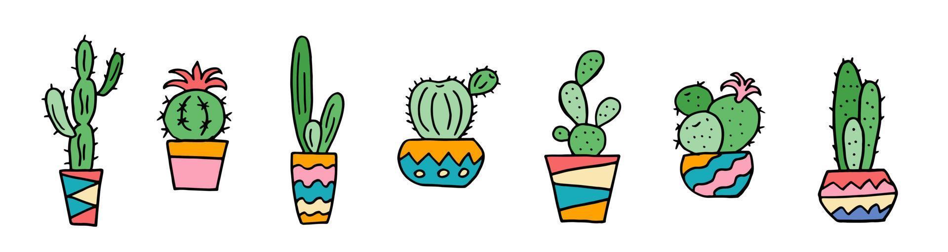 conjunto de cactus en una olla dibujo a mano alzada en color aislado sobre fondo blanco. ilustración vectorial de acciones. vector