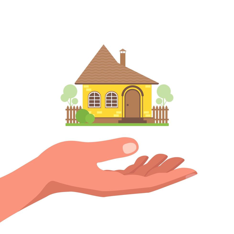 Human hand and house isolated on white background. Housing loan concept, mortgage. Vector stock illustration.