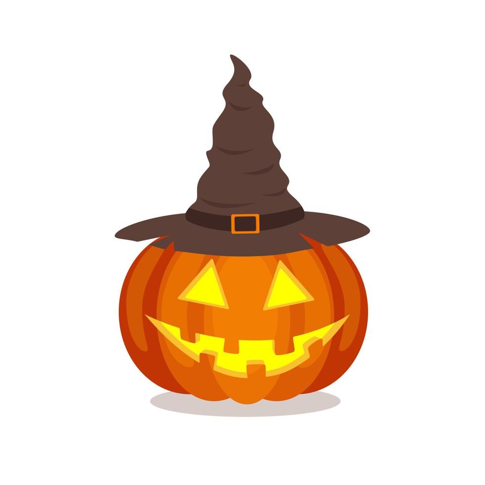 Jack Lantern pumpkin in witch hat isolated on white background. Halloween symbol. Stock vector illustration.