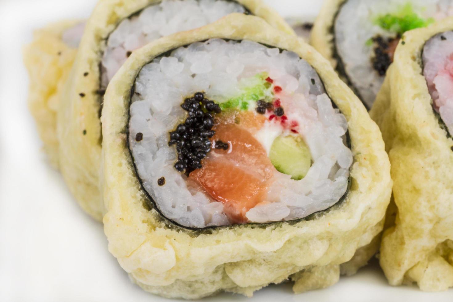 Japanese Cuisine Tempura Maki Sushi Deep Fried Roll made of salmon