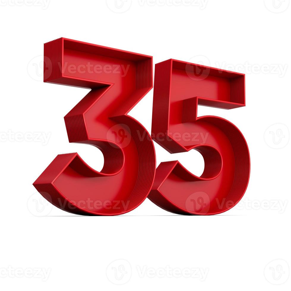 Red digit 35 or thirty five with inner shadow isolated on white. 3d illustration photo