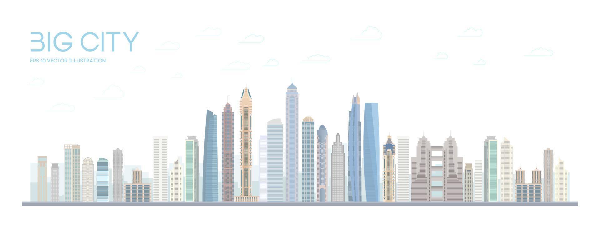 diseño de edificios de ciudades vectoriales planas. paisaje urbano horizonte urbano. paisaje de la ciudad con altos rascacielos. ilustración vectorial eps 10 vector